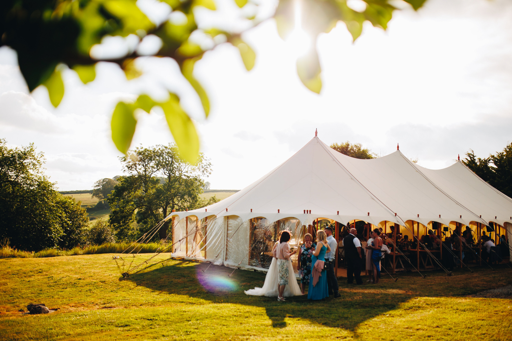 A marquee at sunset, with guests chatting outside and inside, with tree leaves in the foreground