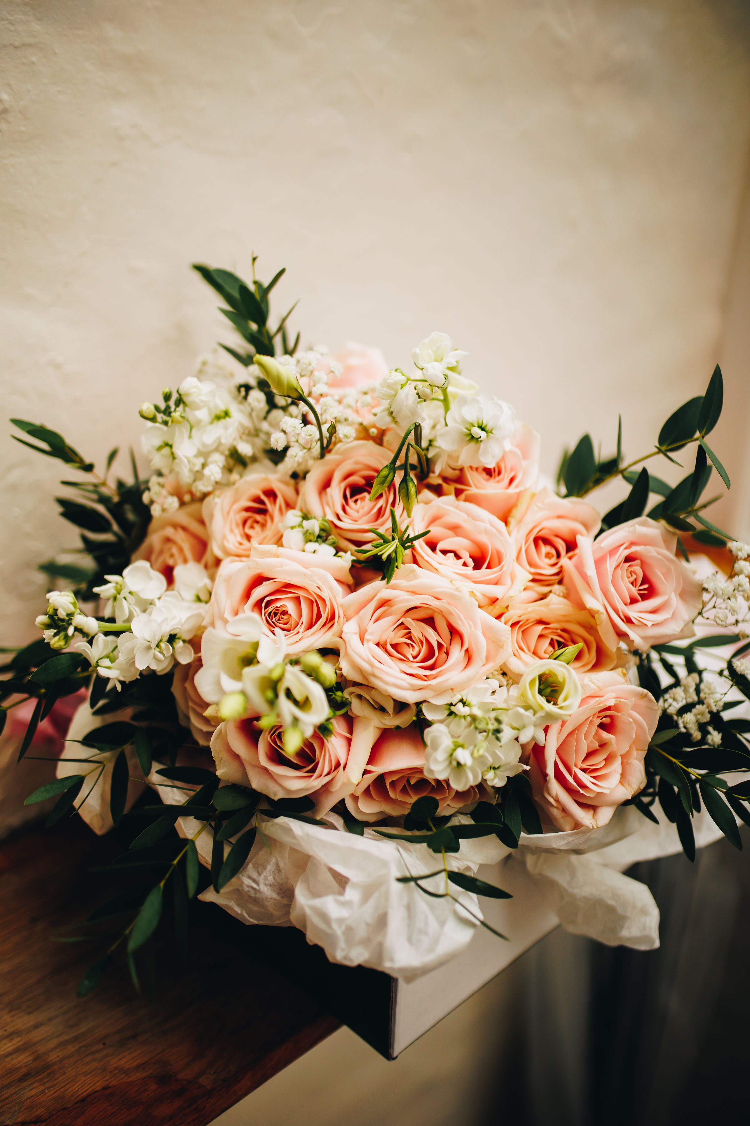 Bouquet with pale pink roses and greenery