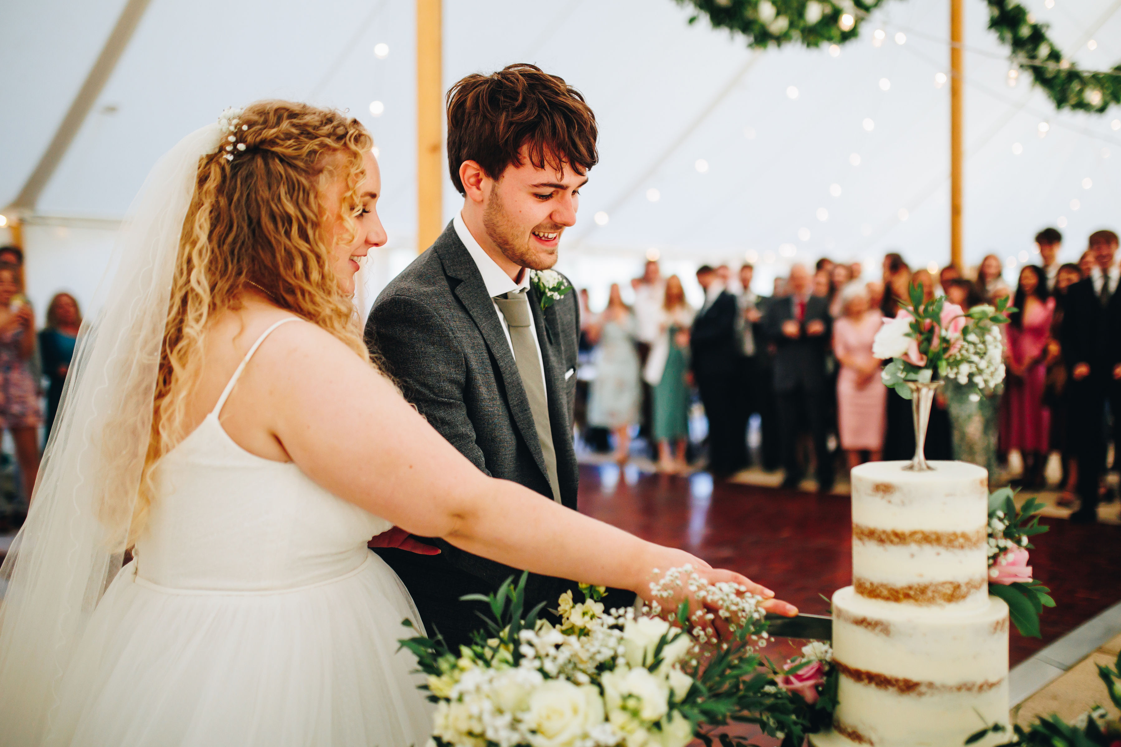 Cake cutting at a wedding reception